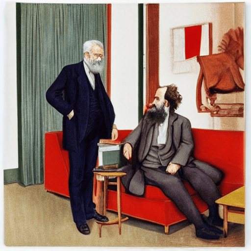 A surreal painting depicting Sigmund Freud and Karl Marx engaged in conversation in a therapy office. Freud stands, appearing thoughtful, while Marx sits on a red couch, symbolizing their intellectual exchange on topics like mourning, melancholia, depression, capitalism, and alienation. The background features minimalist decor, including a chair mounted on the wall, reflecting a blend of psychoanalysis and Marxist theory, addressing themes like existential loss, autonomy, and the intersection of capitalism and mental health