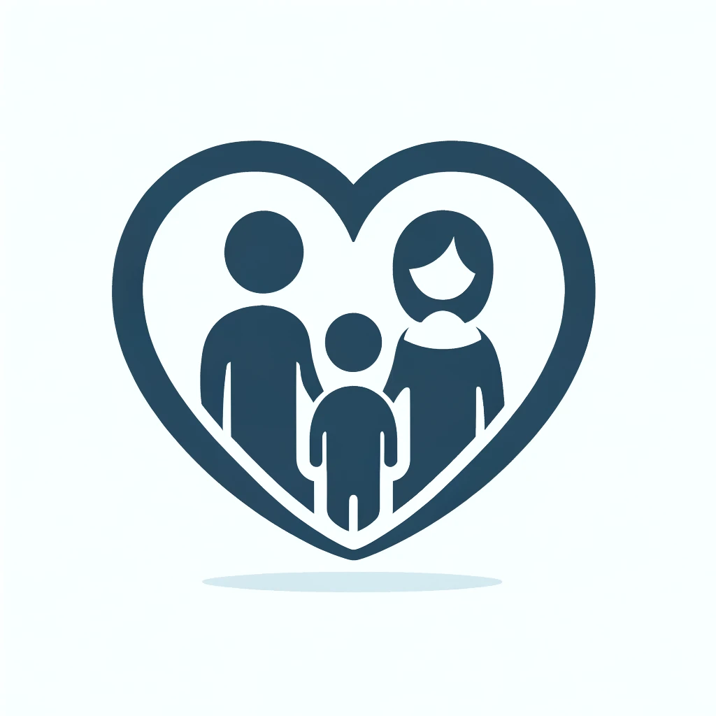 An icon representing child and family therapy featuring a heart with a stylized silhouette of a family inside including two parents and a child. The Insight & Growth
