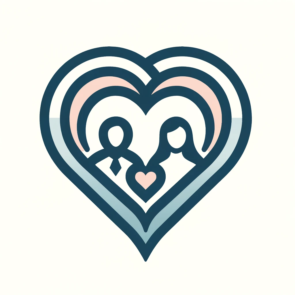 An icon representing couples therapy featuring two intertwined hearts with a stylized silhouette of a couple inside one heart and a therapist figure Insight & Growth