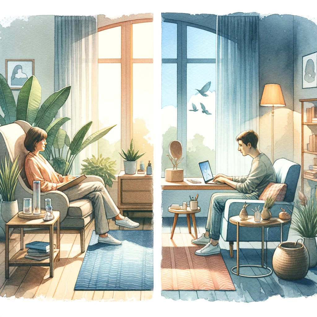 A watercolor painting depicting a serene therapy session. One half shows a therapist and a patient engaged in an in-person therapy session in a cozy, well-lit office with plants and comfortable furniture. The other half shows a video session with a therapist and a patient connecting through a laptop, with the patient sitting in a comfortable home setting. The patients are clearly visible in both settings, illustrating a sense of support and connection.