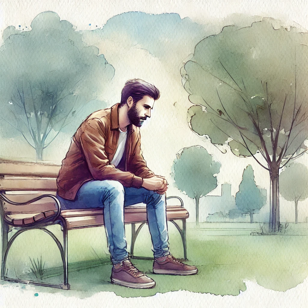 A watercolor illustration of a man sitting on a park bench, looking stressed and deep in thought. The soft, blurred background features trees and a quiet atmosphere, symbolizing solitude and emotional struggle, highlighting the theme of male depression.