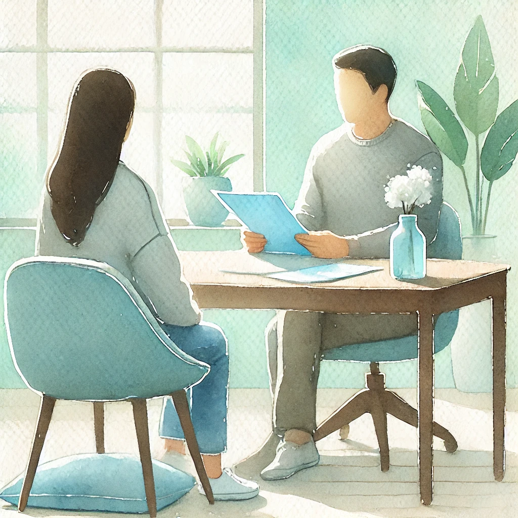 A peaceful watercolor illustration depicting a person sitting at a desk in a comfortable therapist's office. The person and the therapist are discussing insurance paperwork, representing the process of understanding out-of-network therapy coverage. The office is designed with soft blues and greens, creating a calm and supportive atmosphere.