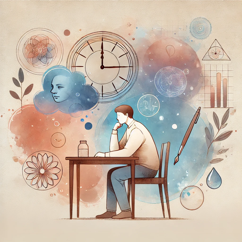 A peaceful watercolor-style illustration of an individual sitting thoughtfully at a desk, surrounded by abstract imagery representing time, emotions, and personal growth. A clock in the background symbolizes patience and introspection.