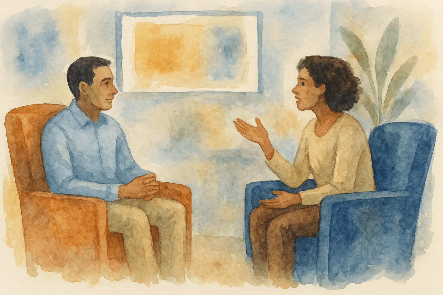 A watercolor painting of a therapist and patient seated in armchairs, engaged in conversation; the scene conveys emotional connection and warmth through soft tones and body language.