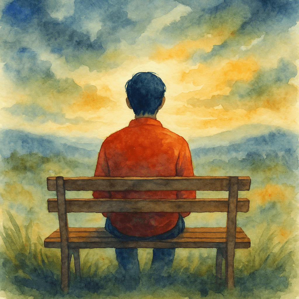 A watercolor painting of a solitary figure in an orange-red shirt, seated on a wooden bench and facing a tranquil landscape of soft blue and green hills beneath a luminous sky. The scene captures a sense of quiet reflection and relational safety, mirroring the philosophical and existential tone of psychodynamic therapy.
