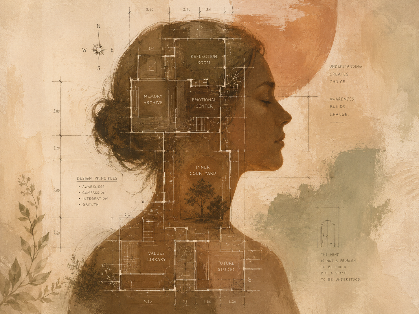 Warm painterly illustration of a calm human profile overlaid with architectural blueprint lines, room labels, and measurement marks, symbolizing the inner architecture of the mind.