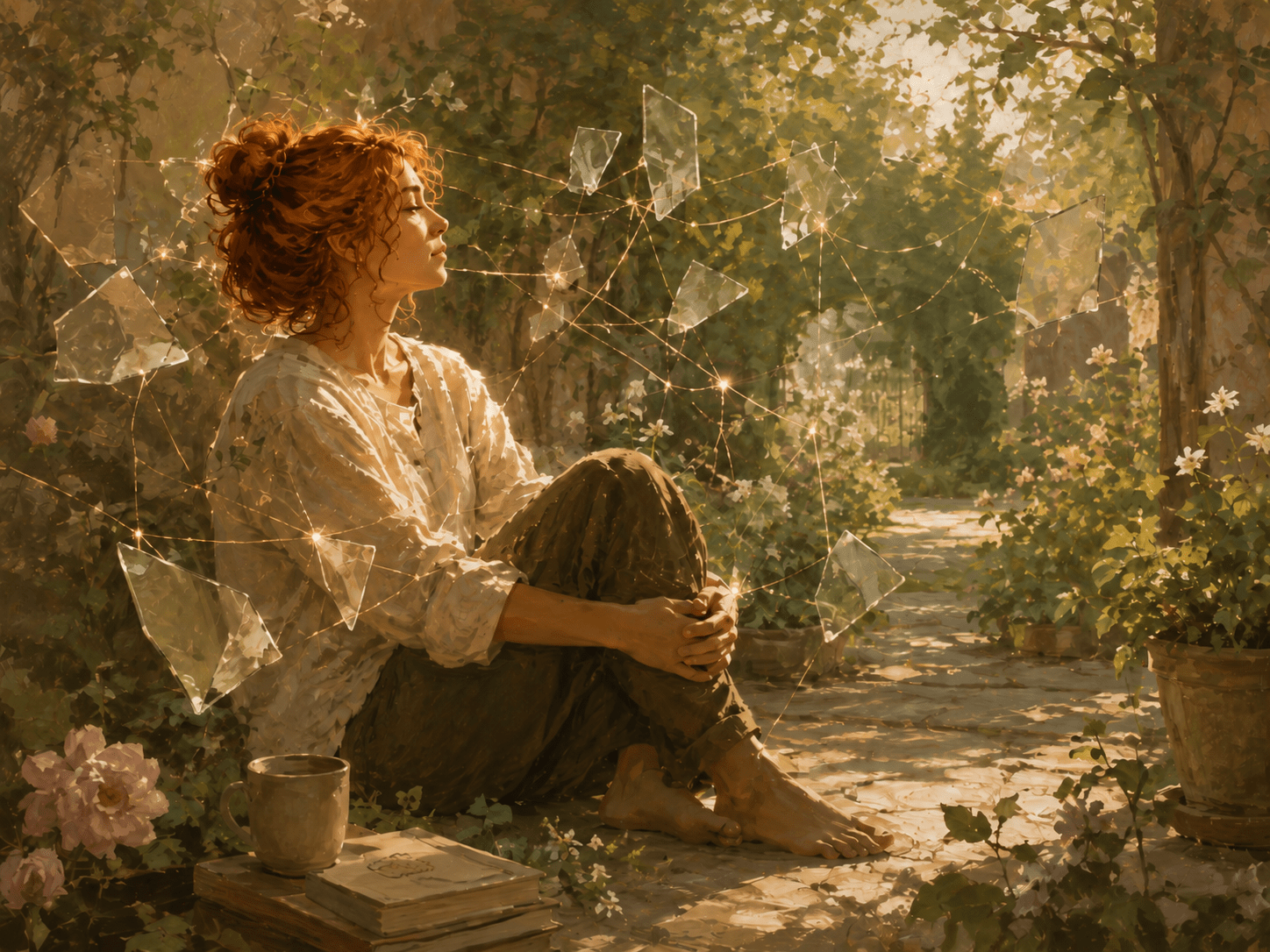 A warm, painterly editorial illustration of a person sitting in a peaceful garden. The scene shows faint, fractured shards and golden light beginning to knit together around them, symbolizing the integration of a fragmented self through trauma therapy. Soft textures, muted earthy tones, and a sense of calm safety.